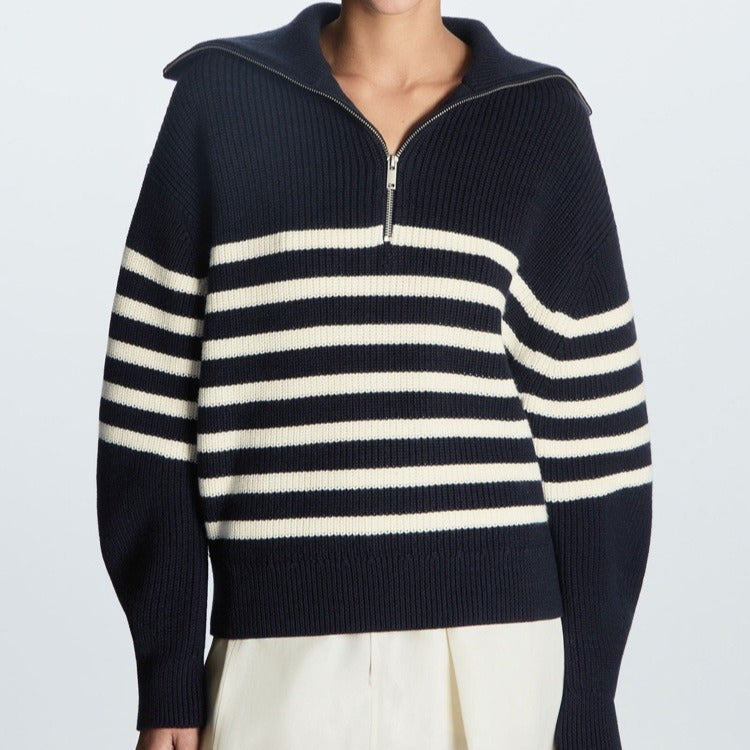 Women’s Half-Zip Striped Sweater – Long Sleeve Cozy Casual Autumn Winter Style