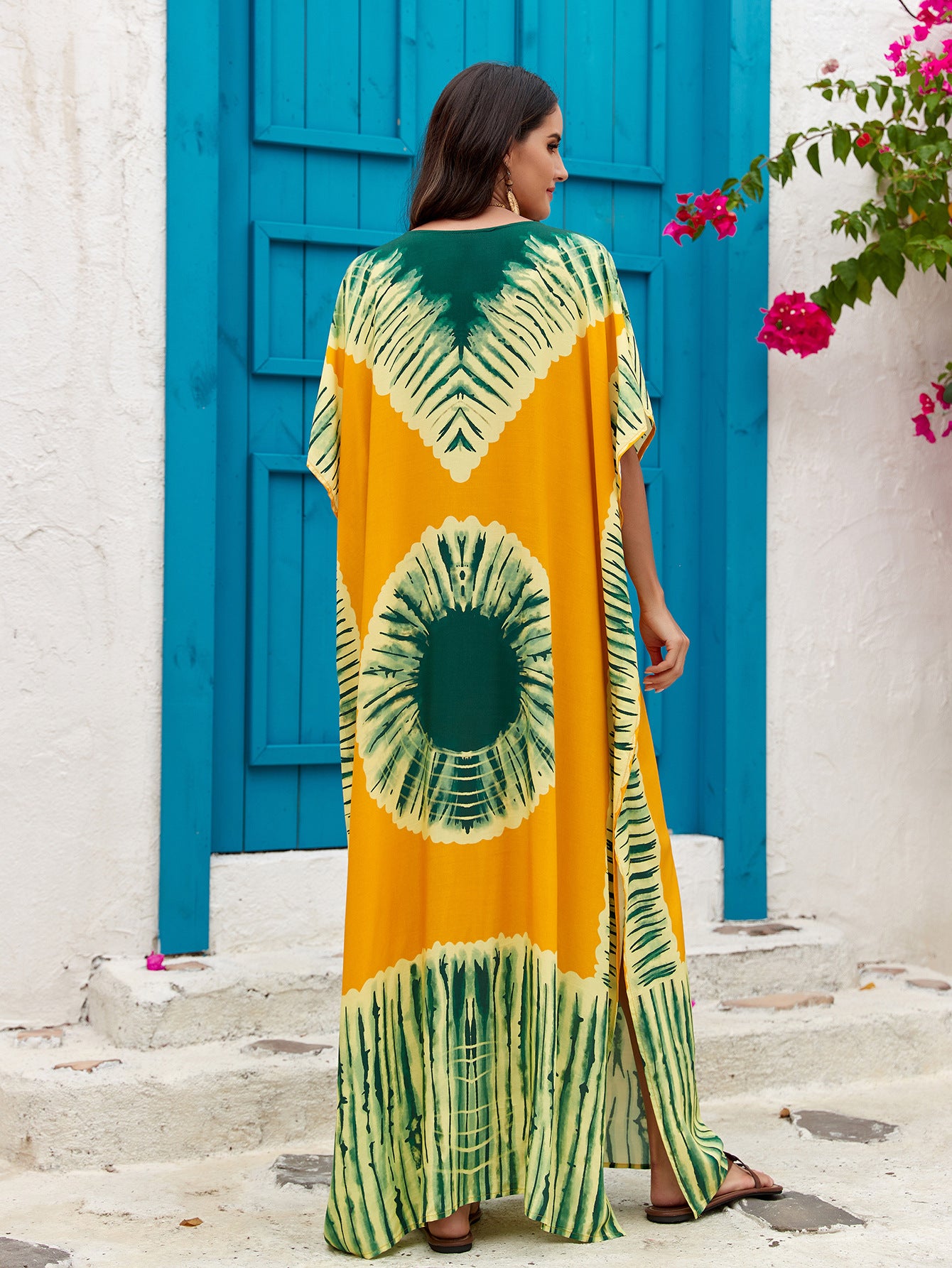 Women's Printed V-Neck Maxi Holiday Dress - Relaxed One Size Daywear