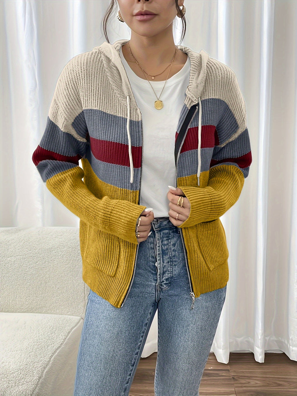Women’s Color Block Hooded Zip Cardigan – Cozy Casual Layer