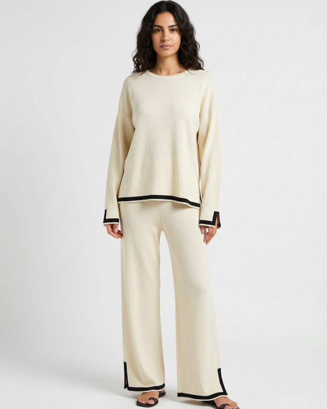Women’s Knitted Two-Piece Set – O-Neck Top and Wide-Leg Trousers Loungewear