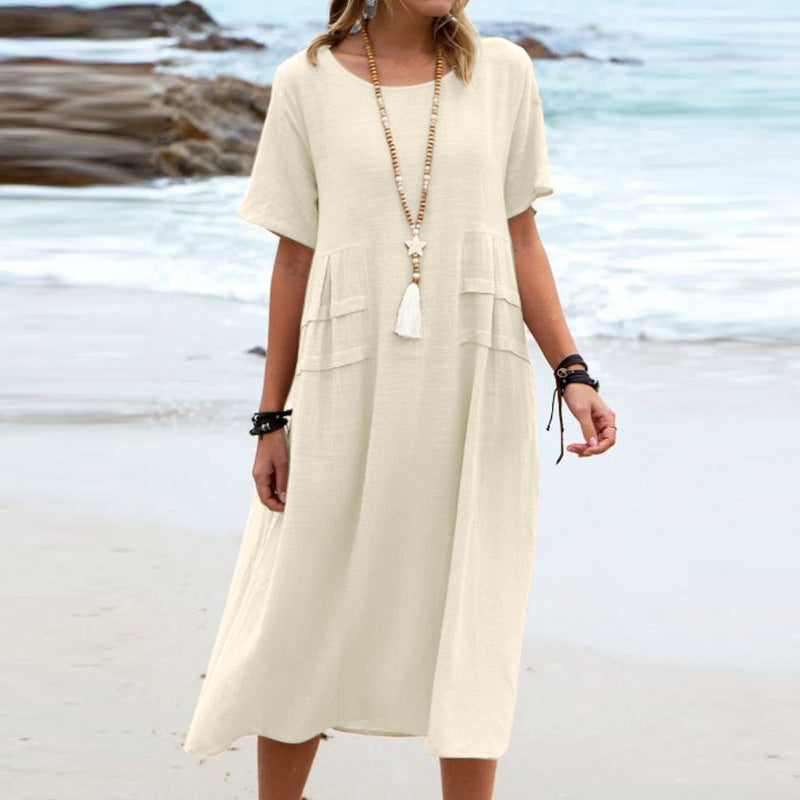 Women's Breathable Cotton-Linen Midi Dress – Relaxed Short-Sleeve Beach Style