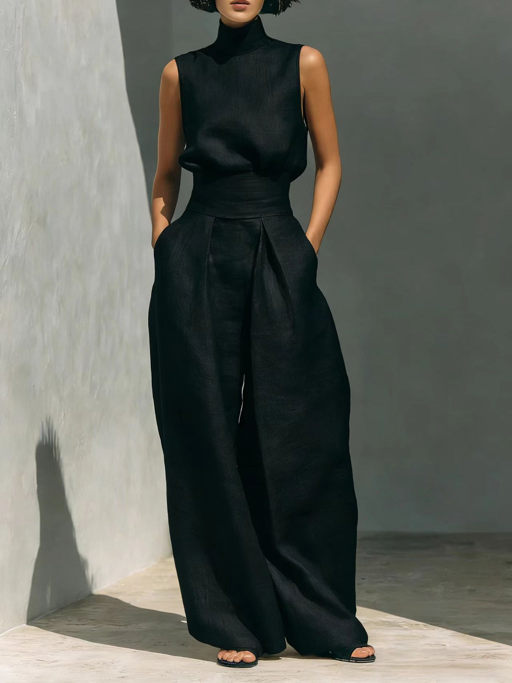 Women’s Sleeveless Two-Piece Set – Stand Collar Top & Straight-Leg Trousers Summer Casual Style