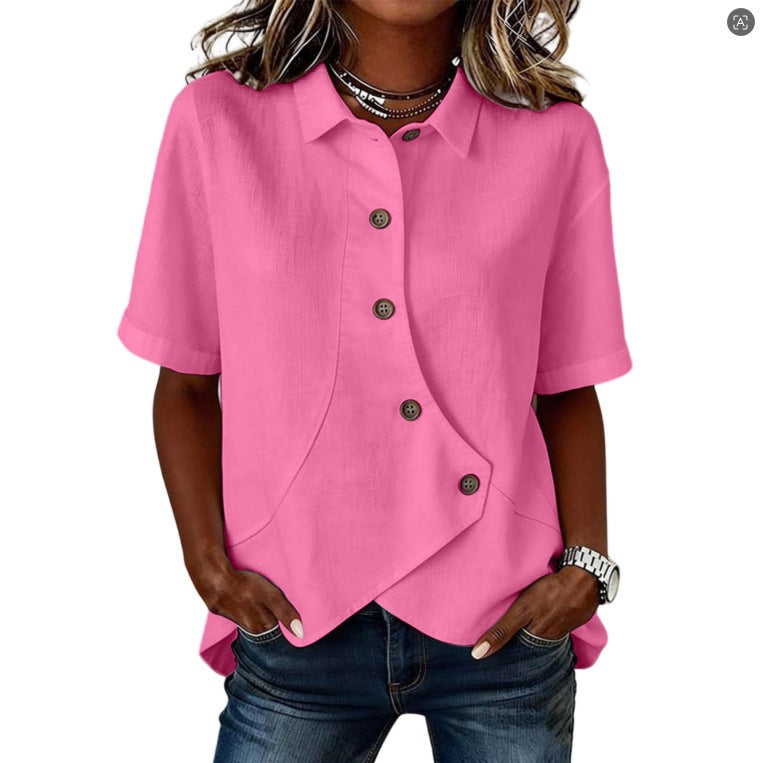 Women's Irregular-Button Blouse – Relaxed Short-Sleeve Everyday Top