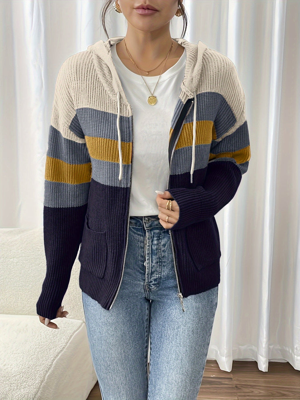 Women’s Color Block Hooded Zip Cardigan – Cozy Casual Layer