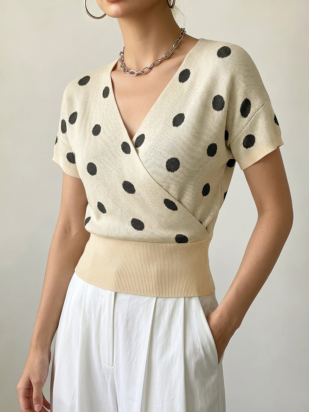 Polka-Dot V-Neck Knit Top - Light and Feminine