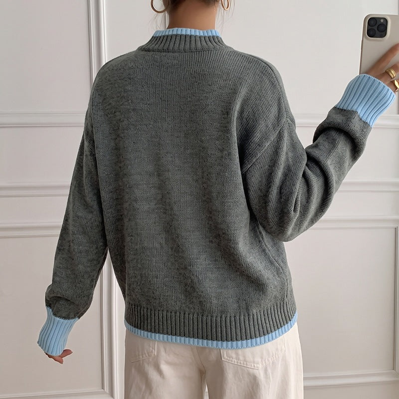Half-Turtleneck Color-Block Sweater - Loose and Modern