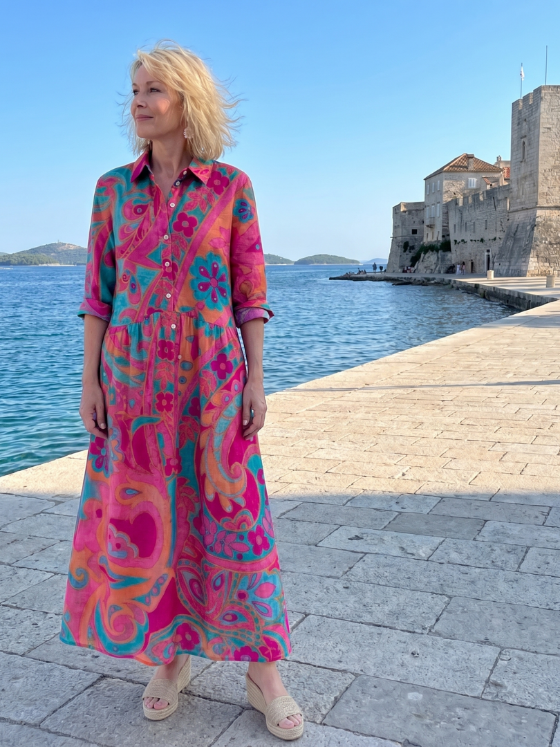 Women's Printed Button Front Collared Midi Dress – Casual Polished Daywear