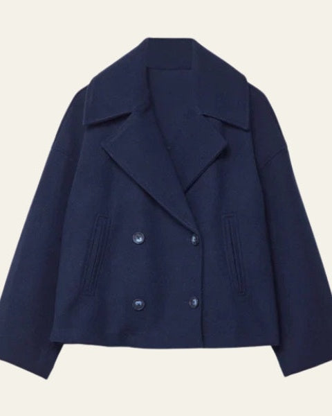 Women's Short Wool-Blend Double-Breasted Coat - Clean Modern Layer