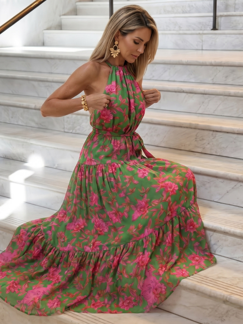 Women's Draped Halter Midi Dress - Soft Occasion Day to Night Style