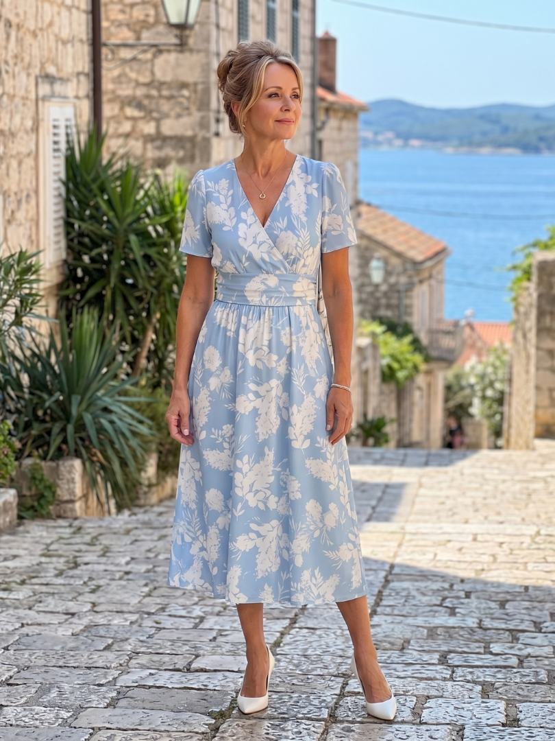 Women's Floral V-Neck Midi Dress – Short Sleeve Soft Summer Style