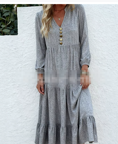 Women's Long Sleeve Midi Dress – Elegant Round Neck Day Dress