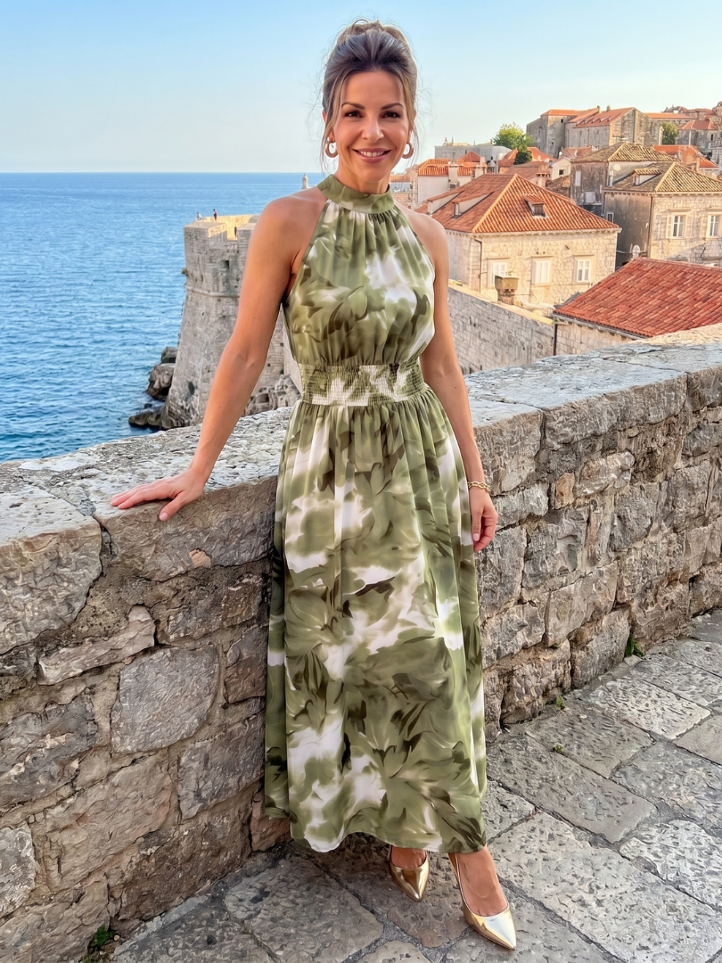 Women's Gathered Waist Abstract Print Midi Dress - Easy Polished Day Style