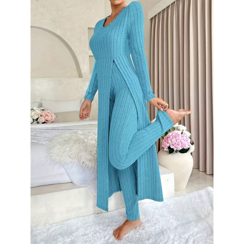 Women’s Ribbed Two-Piece Set – Split-Hem Longline Top and Wide-Leg Matching Pants