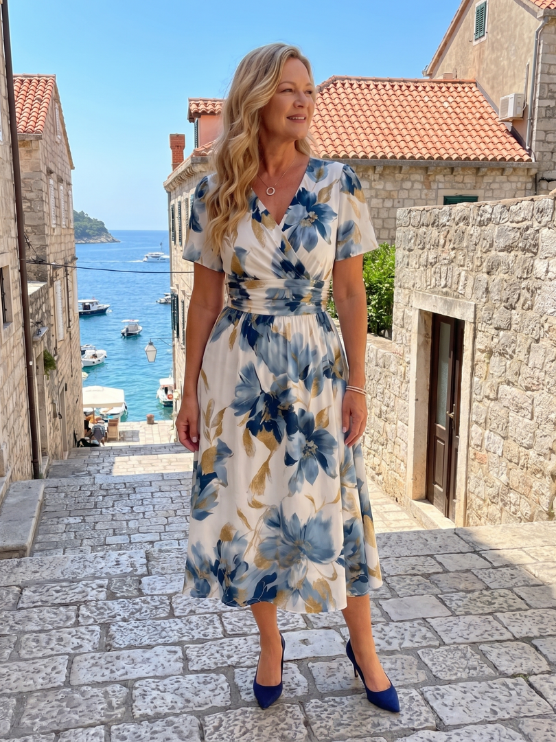 Women's Floral Wrap Midi Dress – Short Sleeve Feminine Summer Style