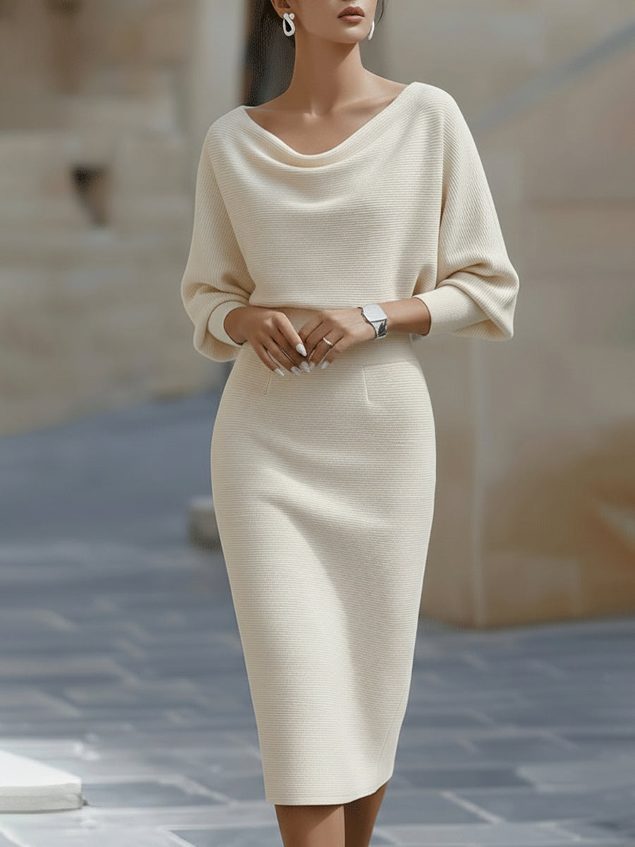 Women's Draped Batwing Sleeve Midi Dress – Elegant Occasion Dress