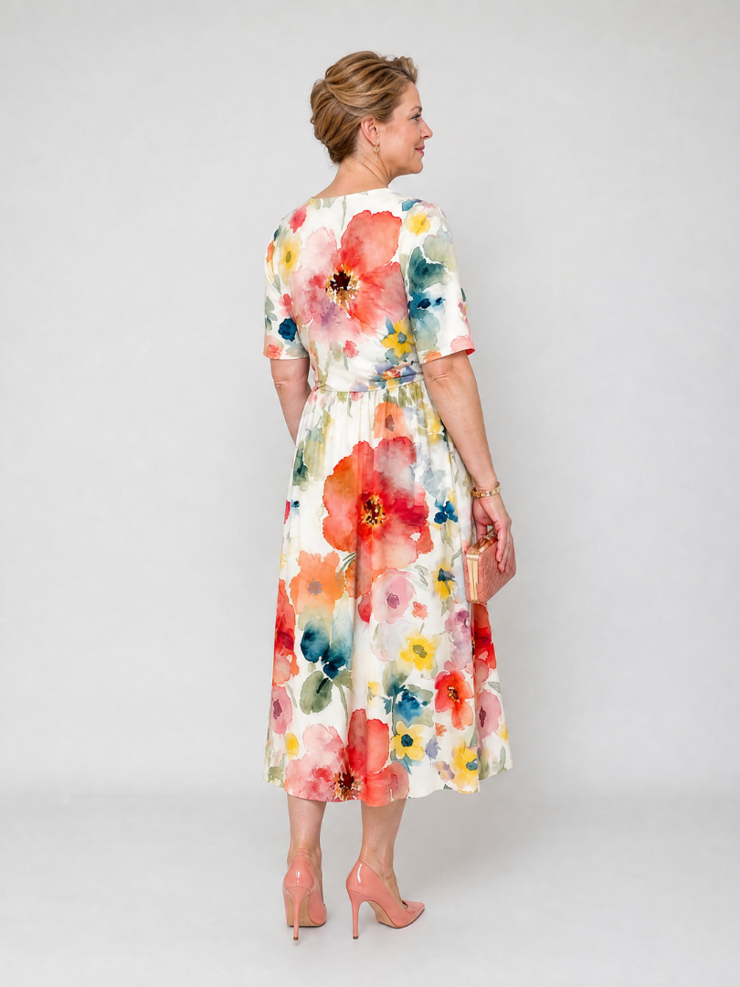 Women's Floral V-Neck Midi Dress – Short Sleeve Everyday Elegance