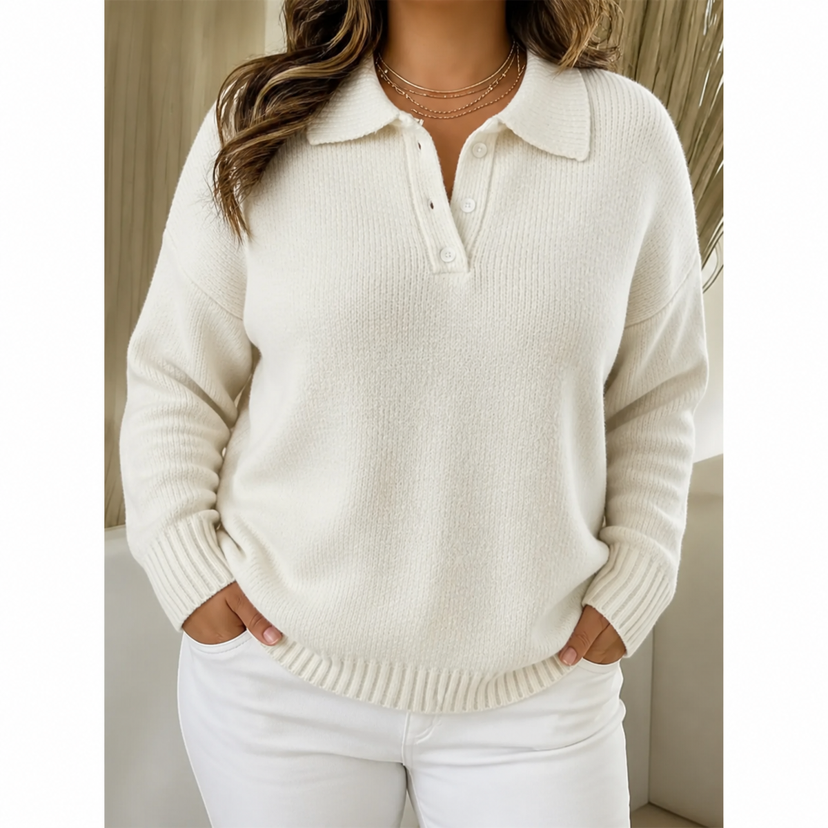 Polo-Collar Knit Sweater - Soft and Practical