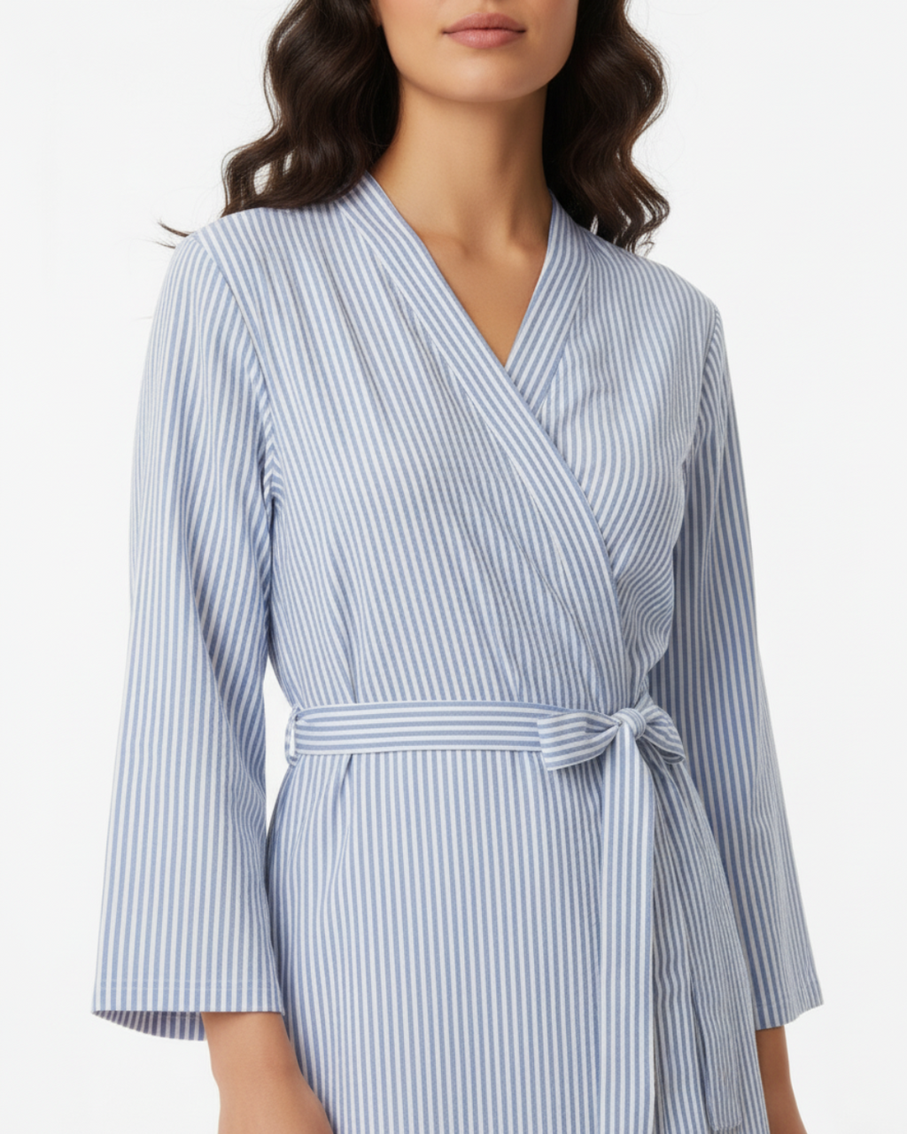 Women’s Blue and White Striped Kimono Robe – Lightweight Cotton Bathrobe