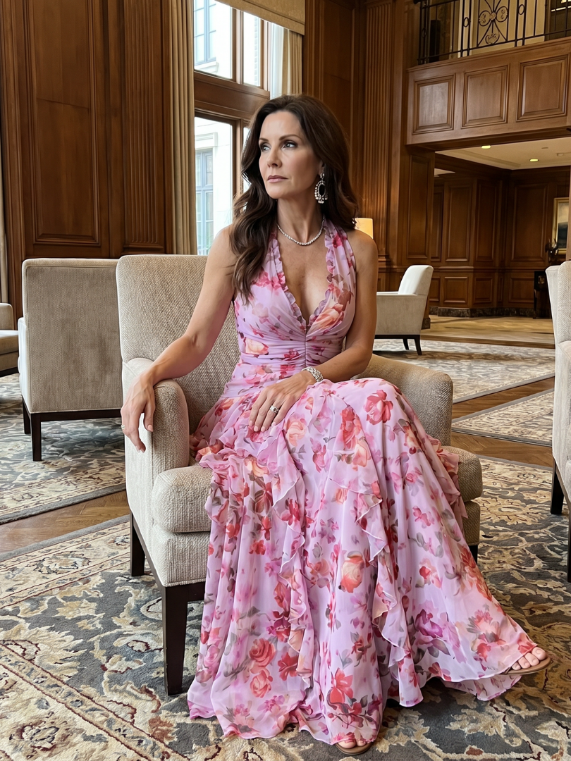 Women's Halter Neck Ruched Bodice Floral Maxi Dress - Elegant Occasion Flow