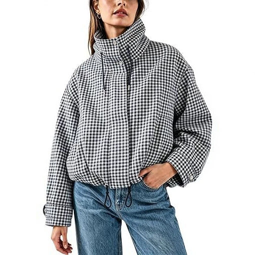 Women’s Plaid Stand Collar Zip-Up Jacket – Stylish Casual Short Outerwear
