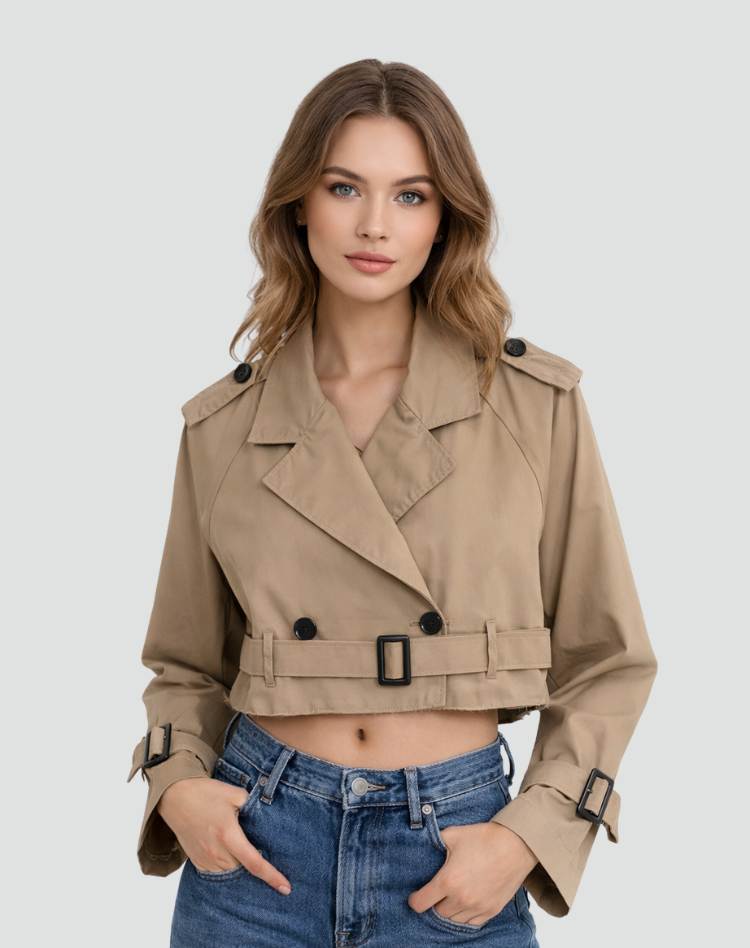 Women's Short Cotton Trench Coat - Classic Regular Fit Everyday Outerwear