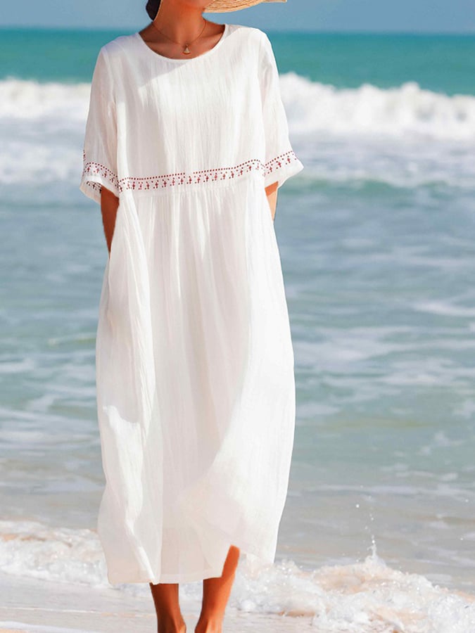 Women’s Embroidered Linen Maxi Dress – Casual White Summer Beachwear