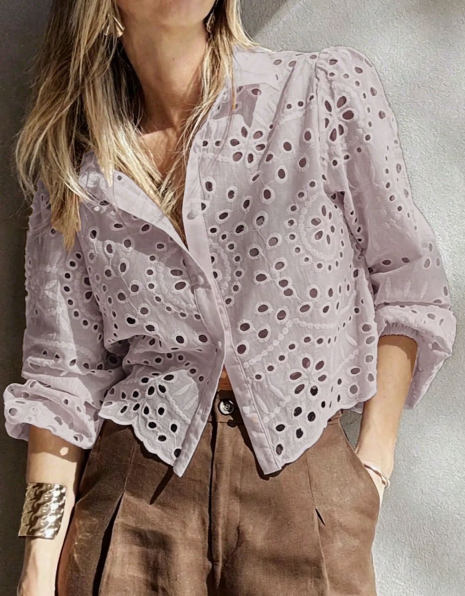 Women's Embroidered Short Shirt - Relaxed Hollow-Out Casual Blouse