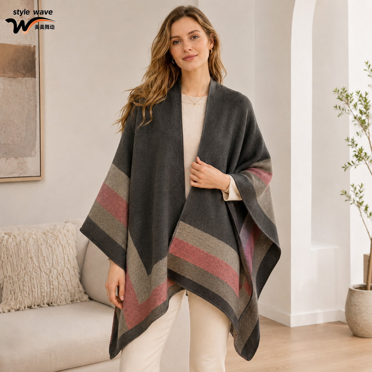 Women's Jacquard Cashmere-Feel Poncho - Chic and Cozy