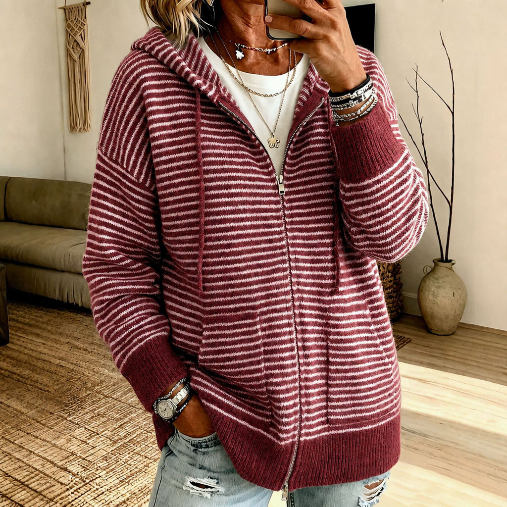 Striped Hooded Knit Cardigan - Cozy and Casual
