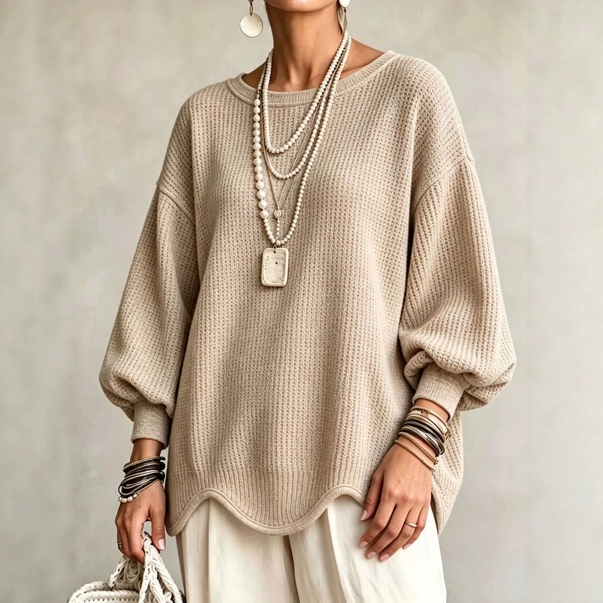 Women's Top - Round Neck, Lantern Sleeves and Wavy Hem