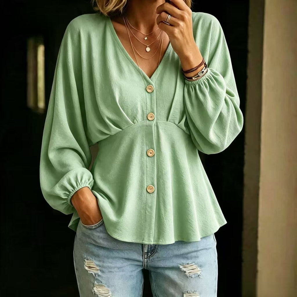 Draped Lantern-Sleeve Long-Sleeve Shirt - Soft and Versatile