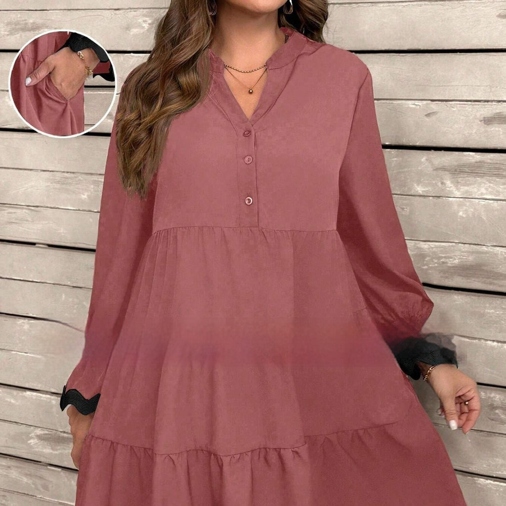 Women's Spliced V-Neck Midi Dress - Relaxed Long Sleeve Everyday Style