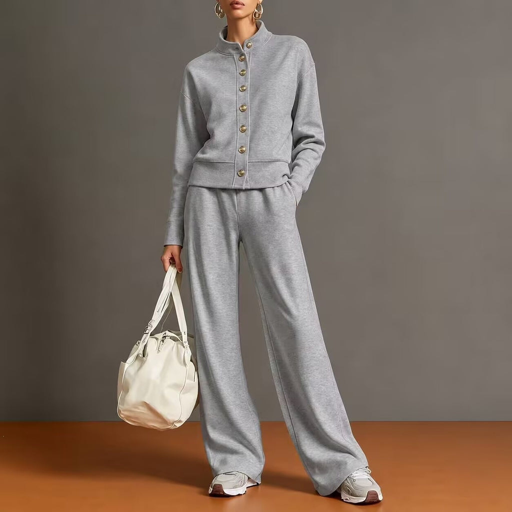 Stand-Collar Cardigan and Wide-Leg Pants Set - Polished and Comfortable