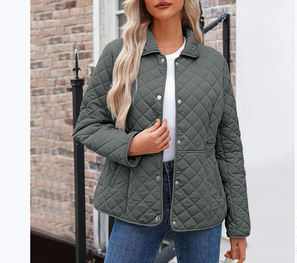 Women’s Solid Color Quilted Jacket – Casual Lapel Warm Outerwear Style