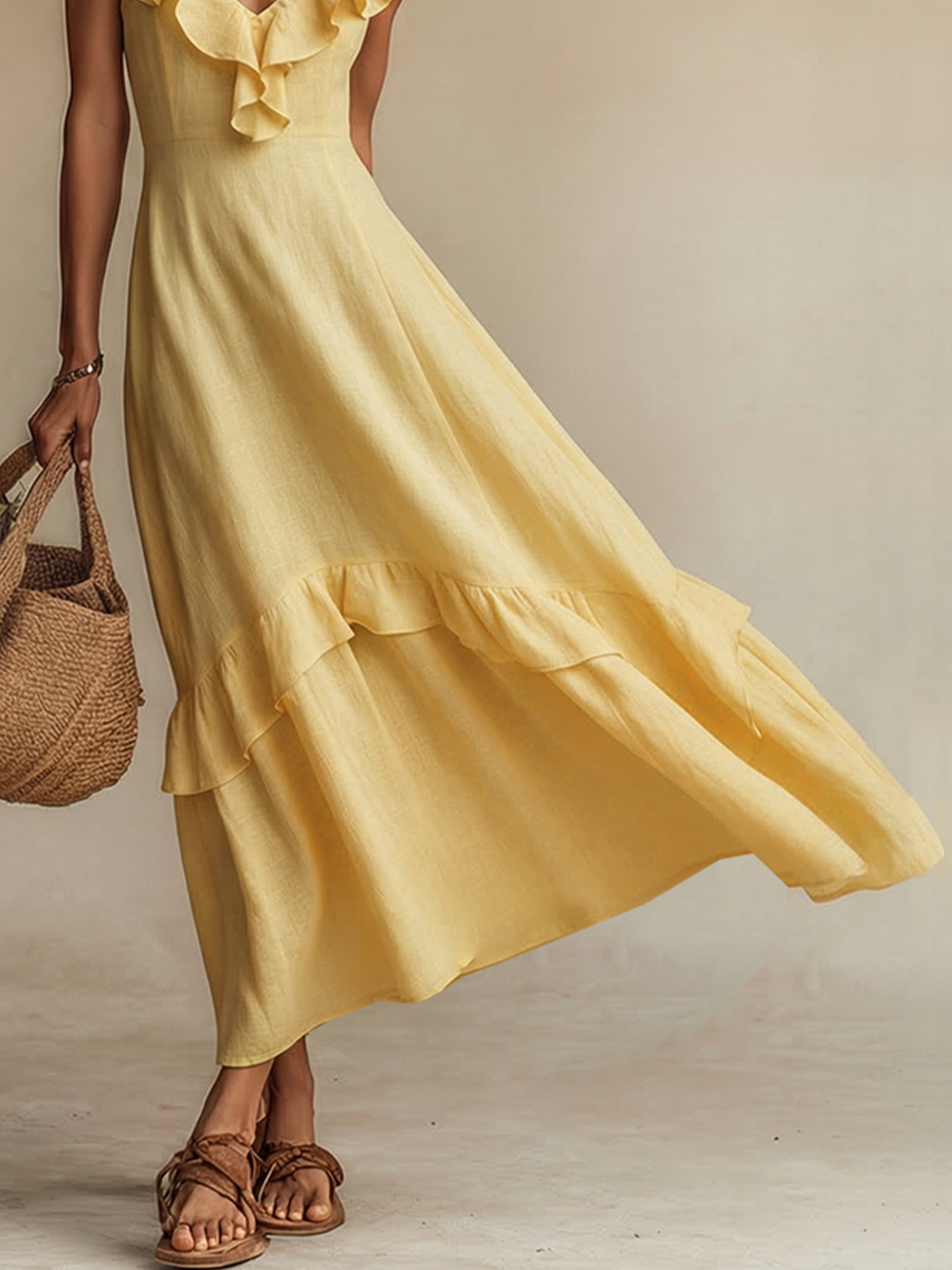 Women's Yellow Linen Maxi Dress - Ruffle V-Neck Boho Resort Style