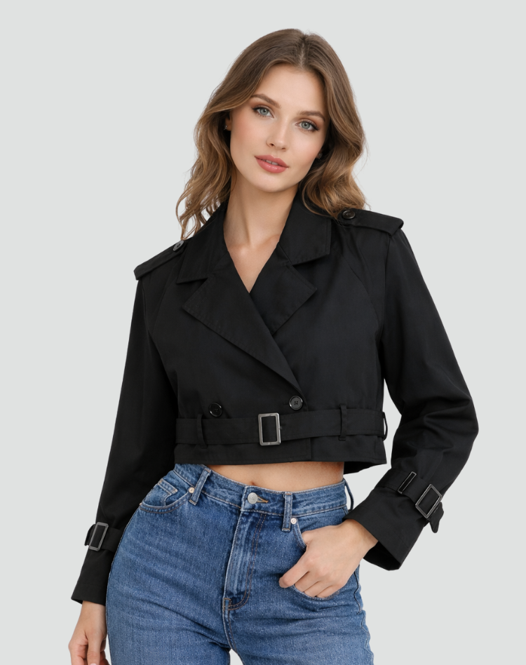 Women's Short Cotton Trench Coat - Classic Regular Fit Everyday Outerwear