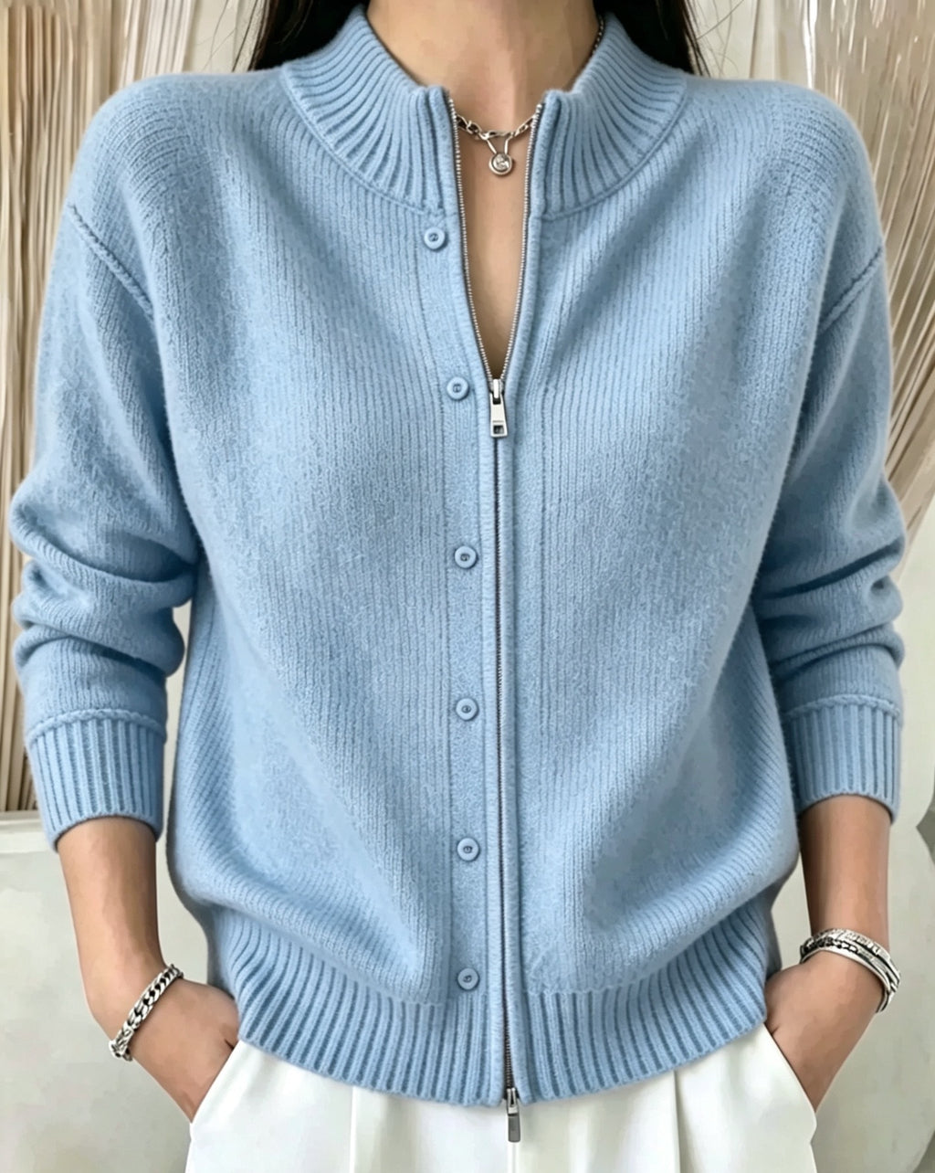 Zip-Up Crewneck Knit Sweater - Soft and Modern