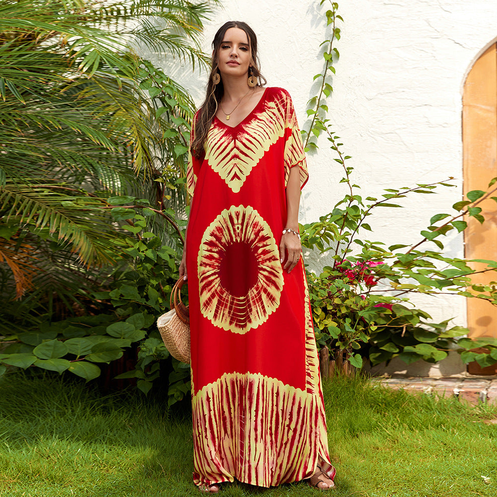 Women's Printed V-Neck Maxi Holiday Dress - Relaxed One Size Daywear