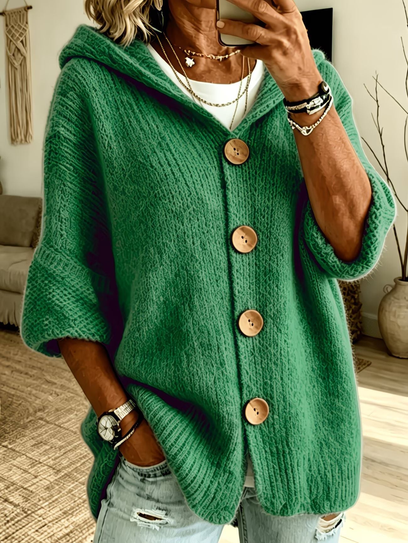 Women’s Solid Color Hooded Cardigan Sweater – Long Sleeve Button-Down Knit Casual Everyday Style