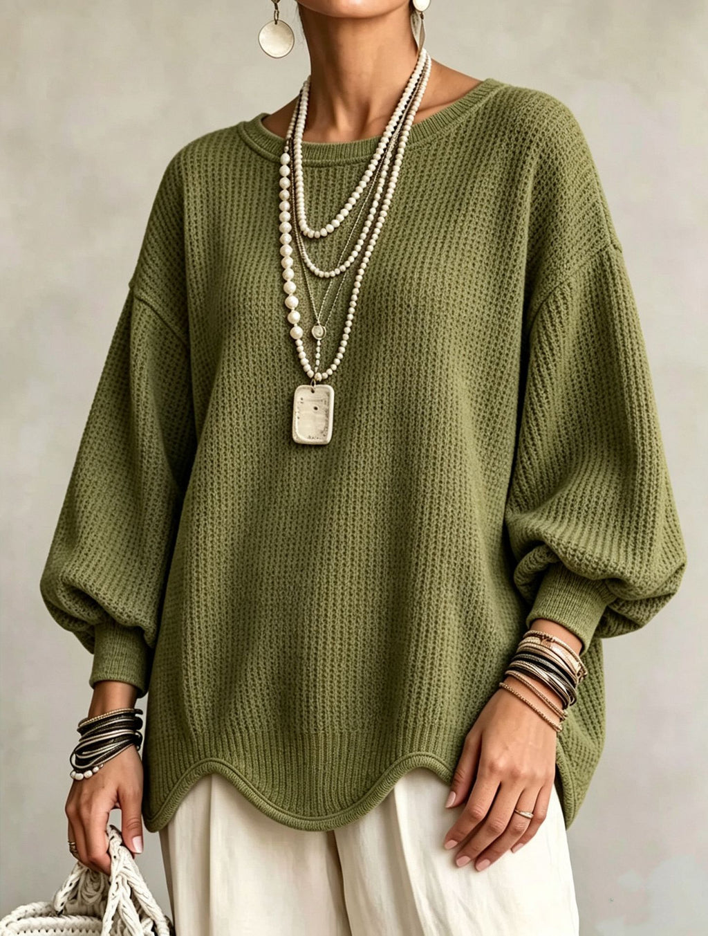 Women's Top - Round Neck, Lantern Sleeves and Wavy Hem