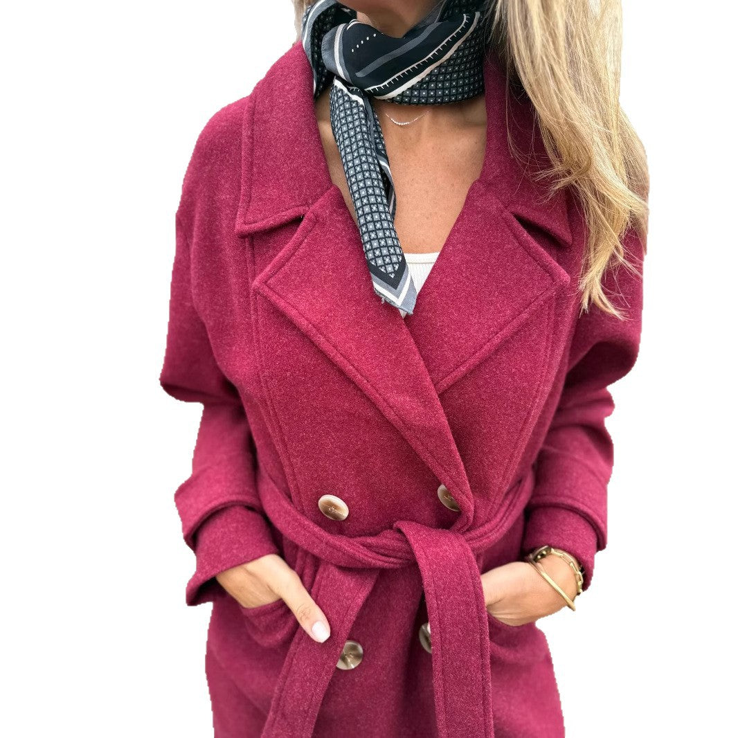 Women’s Autumn Winter Lace-Up Cardigan Coat – Casual Long Sleeve Lapel Wool Blend with Pockets