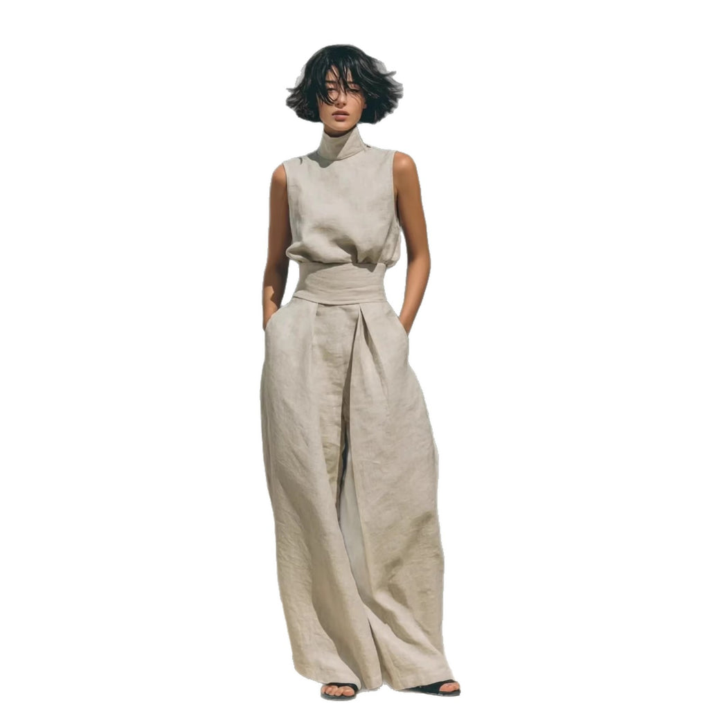 Women’s Sleeveless Two-Piece Set – Stand Collar Top & Straight-Leg Trousers Summer Casual Style