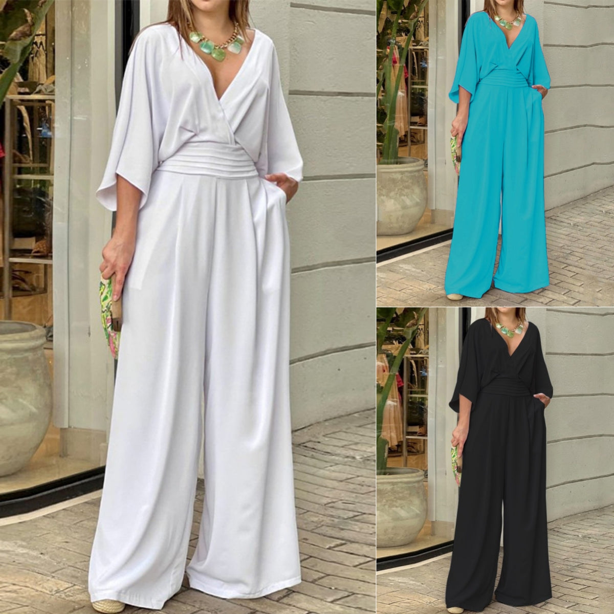 Women’s V-Neck Solid-Color Jumpsuit – Summer Trendy Short-Sleeve Casual Streetwear