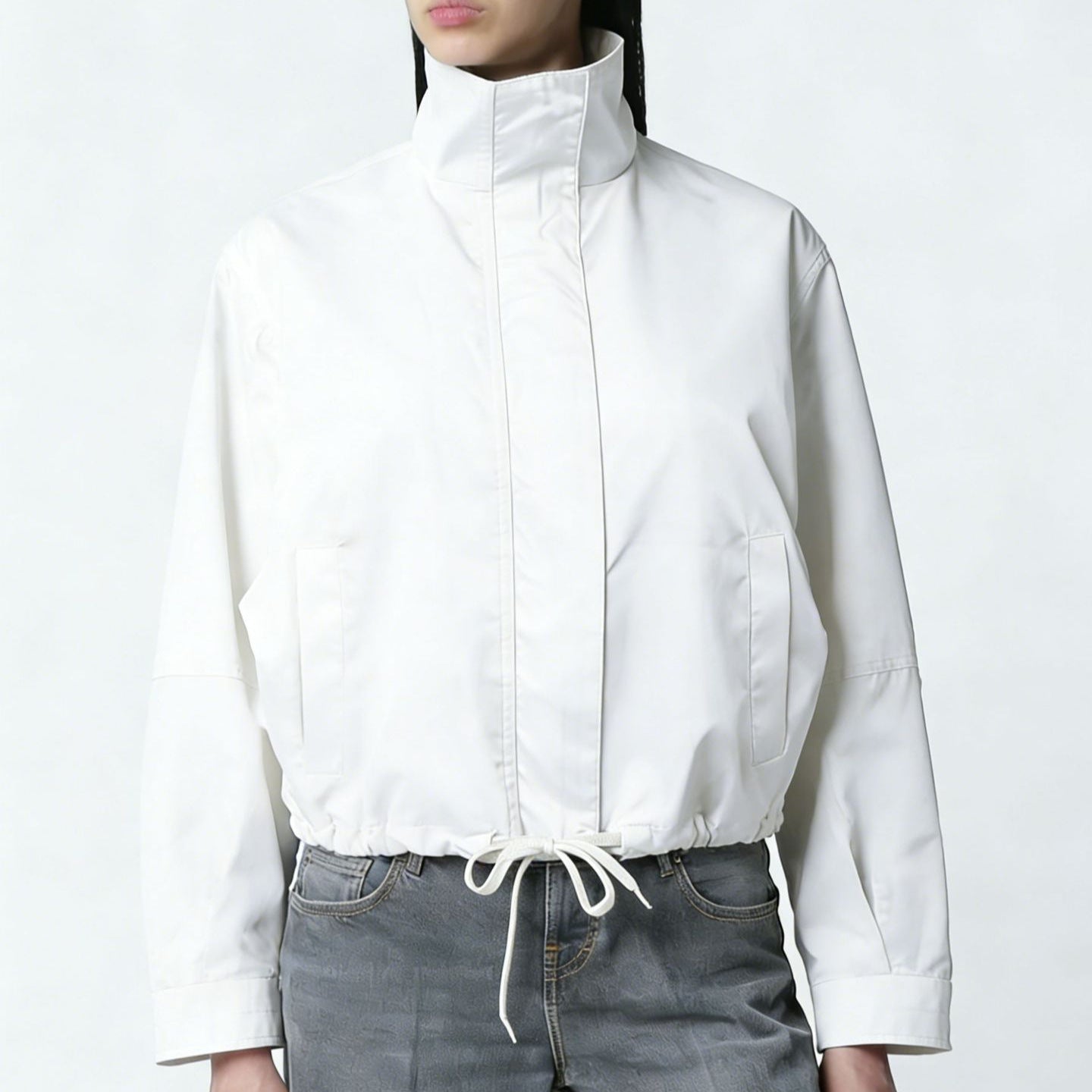Women's Stand Collar Trench Jacket - Minimal Long Sleeve Everyday Layer