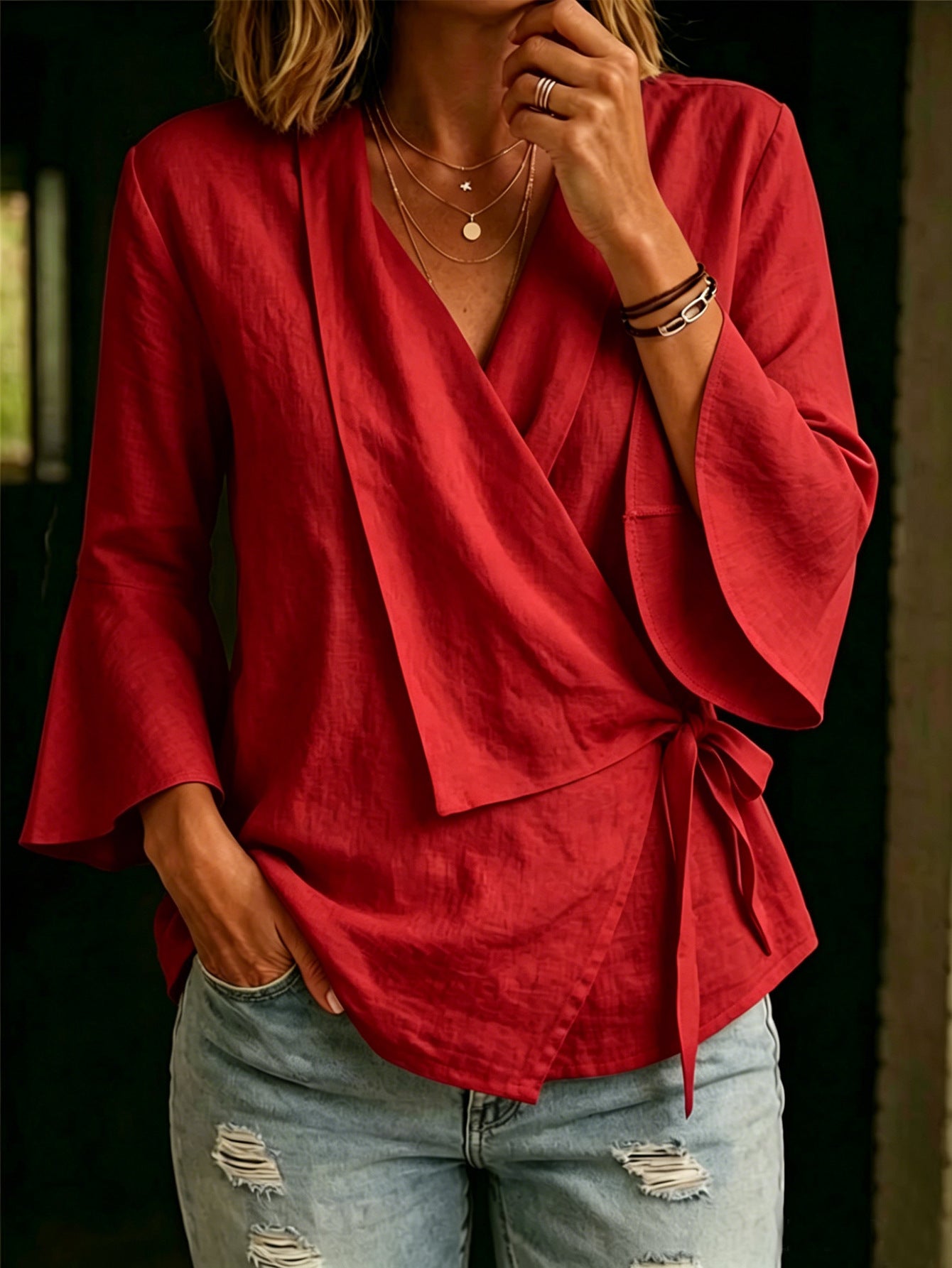 Women's Asymmetrical Tie Blouse - Flared Sleeve Notch Lapel Top