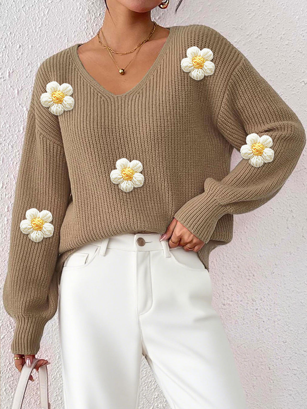 Floral Patchwork V-Neck Sweater - Textured and Elegant