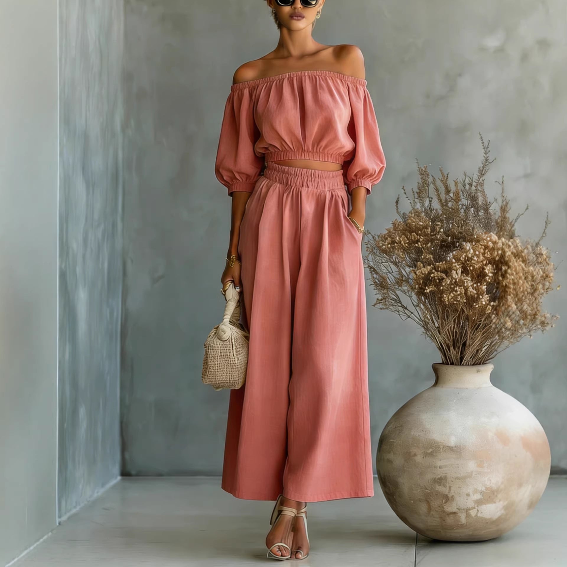 Women’s Patchwork Two-Piece Set – Long Sleeve Top &amp; Ankle-Length Pants Set