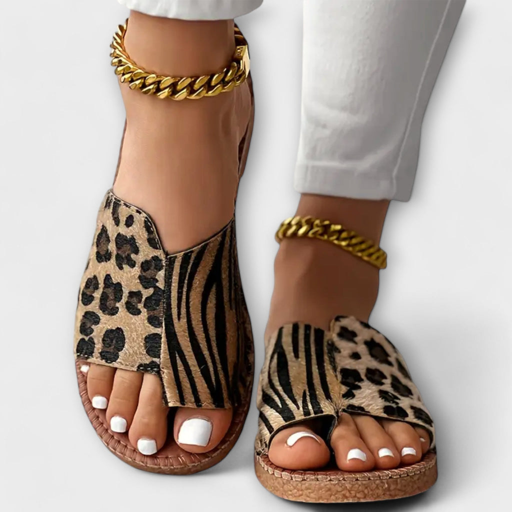 Women's Leopard Print Slippers - Two Tone Slip On Summer Slides