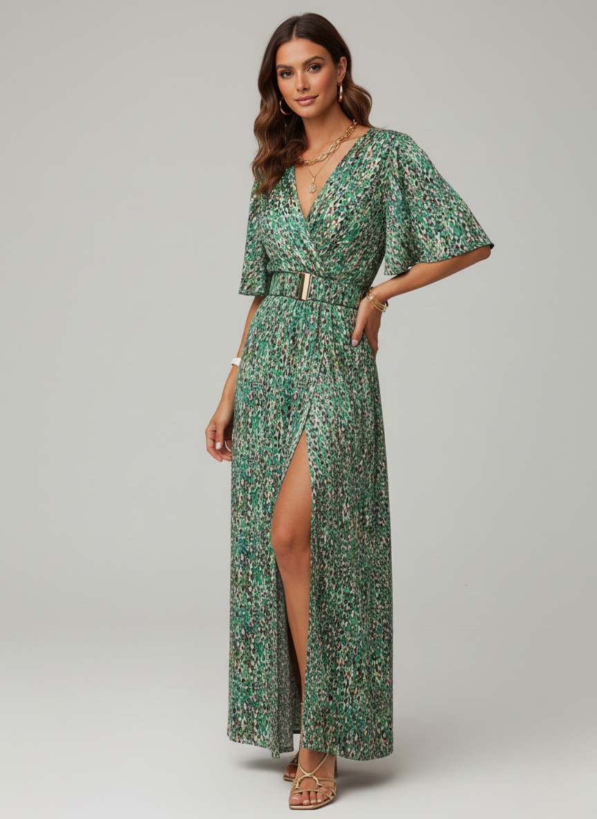 Women's Wrap Maxi Dress - High Slit Occasion Dress
