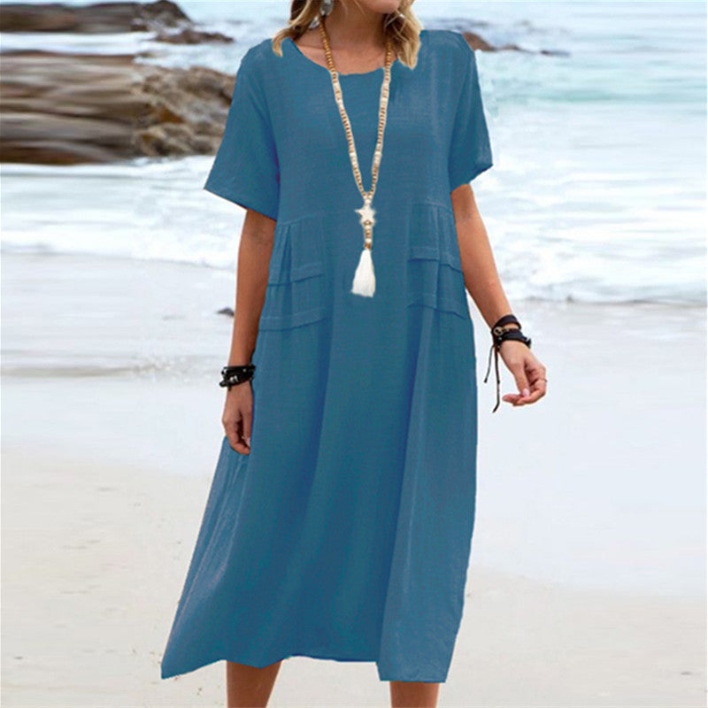 Women's Breathable Cotton-Linen Midi Dress – Relaxed Short-Sleeve Beach Style